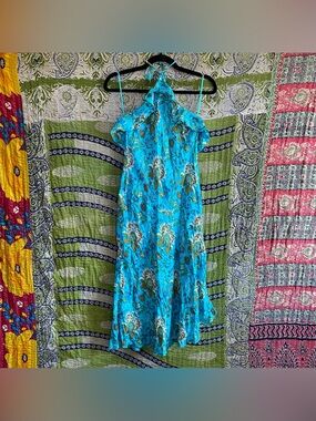 Vintage Y2K Guess Turquoise Paisley Halter Neck Silk Midi Dress Size Medium